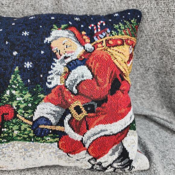Christmas Tapestry Throw Pillow 16"x12" Blue Santa Sleigh Presents Ornaments Hol - Picture 4 of 12